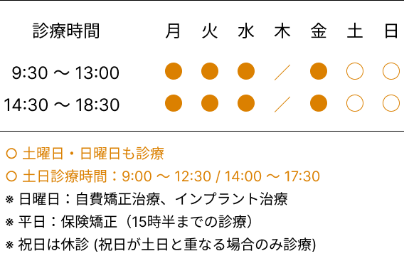 診療時間10:00-13:00/15:00-19:00,休診日：木曜日、水曜診療時間10:00-13:00/15:00-18:00、土日診療時間9:00-12:00/14:00-17:30